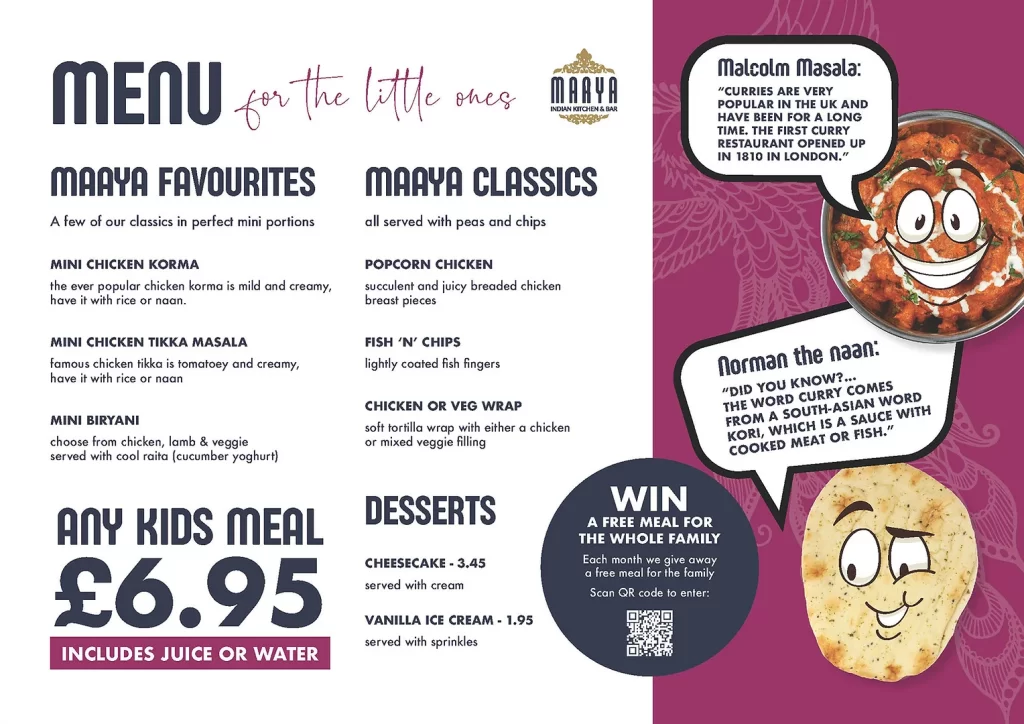 kids menu indian menu milton keynes